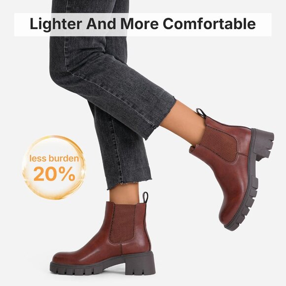 Vepose Women's Cognac Faux Leather Lug Sole Elastic Slip on Ankle Booties - Picture 3 of 9